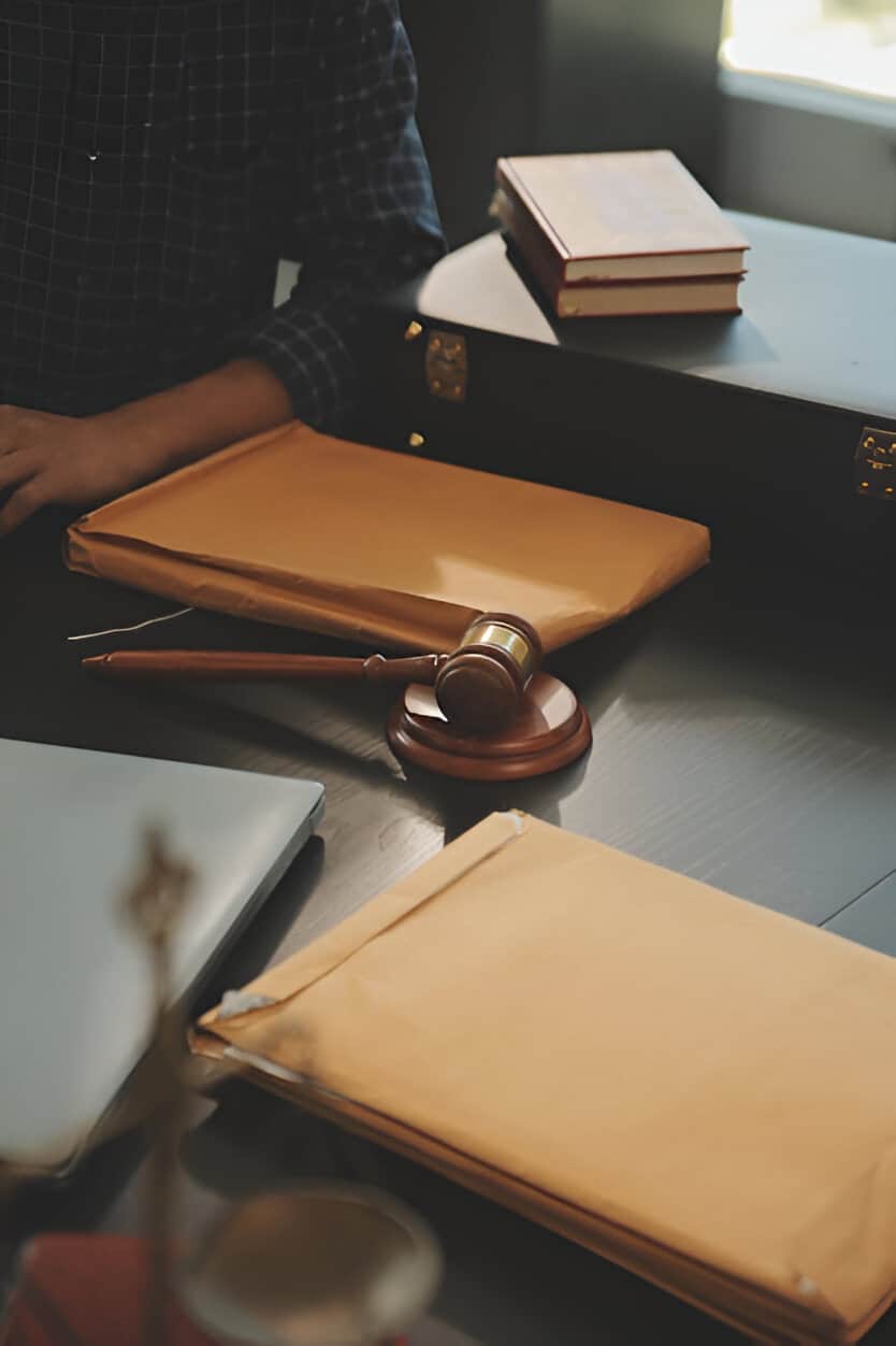 patent A desk with a gavel, legal envelopes, a pen, a laptop, and a stack of books, with a person in a checkered shirt working in the background.